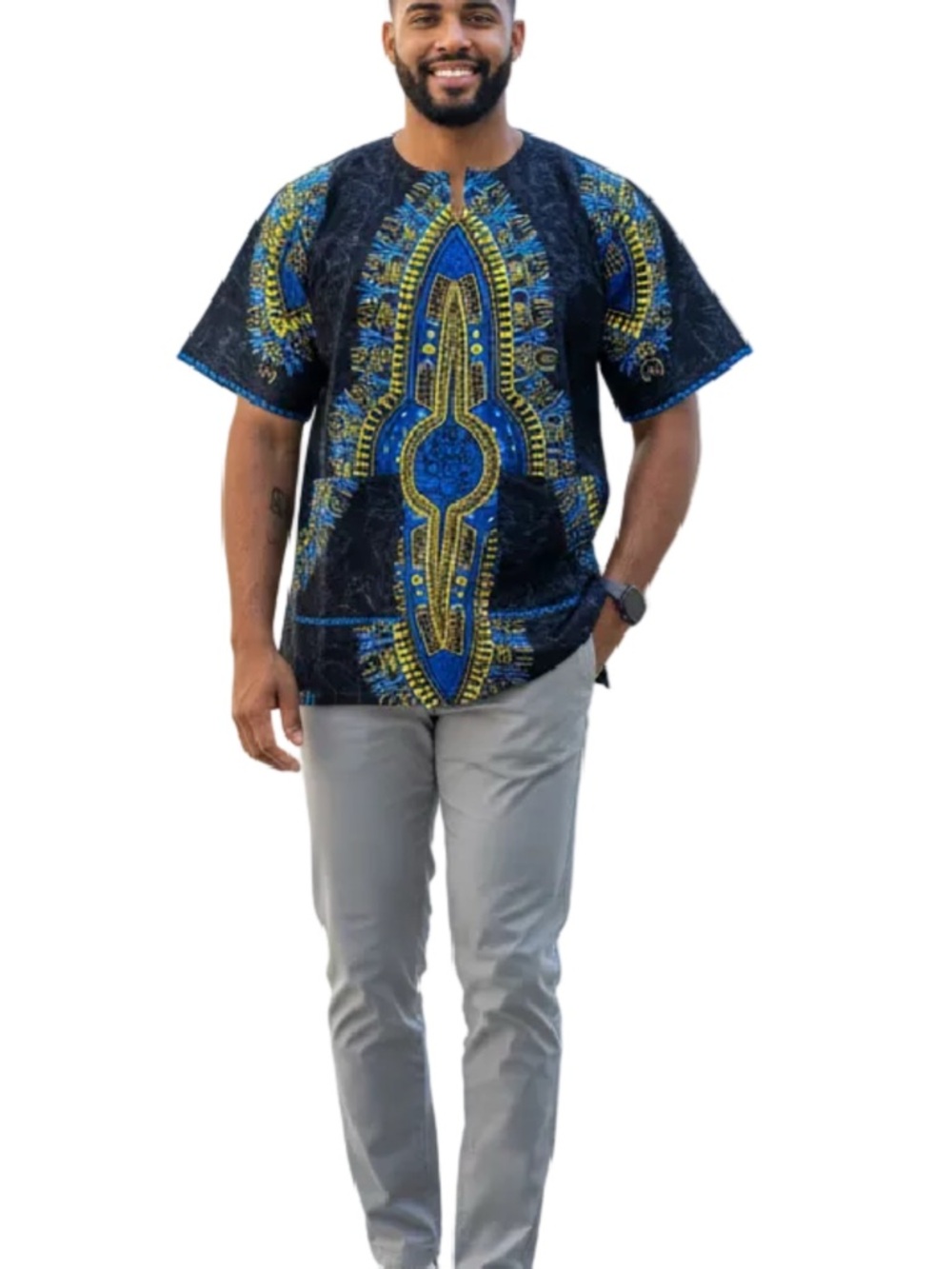 Men's Short-Sleeve African Print Danshiki Top  in Navy and Blue